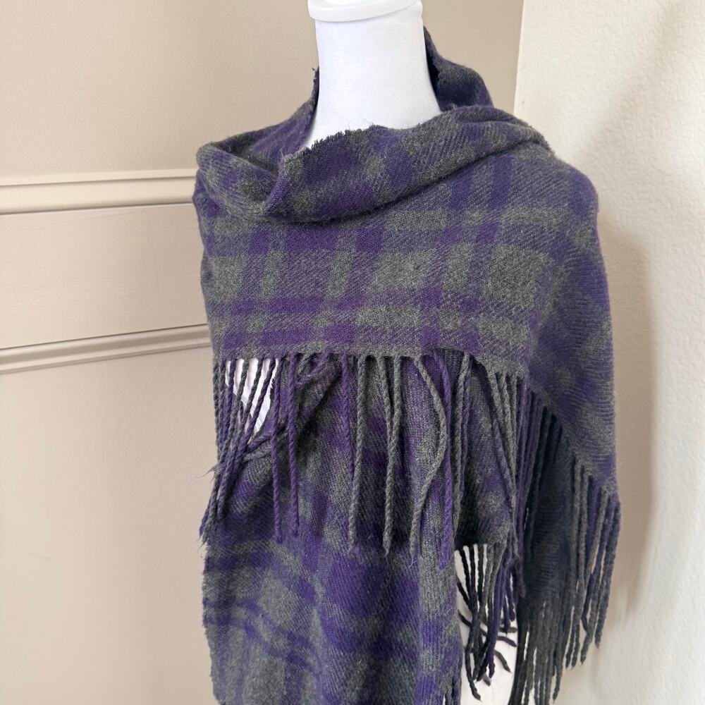 Banana Republic Amanda Plaid Gray Purple Wool Cashmere Fringe Scarf